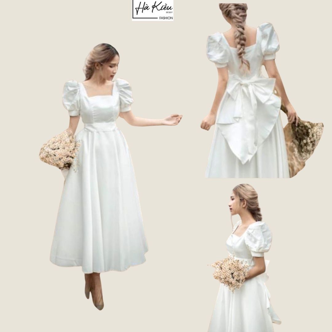Đầm váy nữ dự tiệc cưới sang chảnh công chúa trắng cổ vuông tay phồng có nơ sau Hà Kiều MSP087 chất Lụa Mango