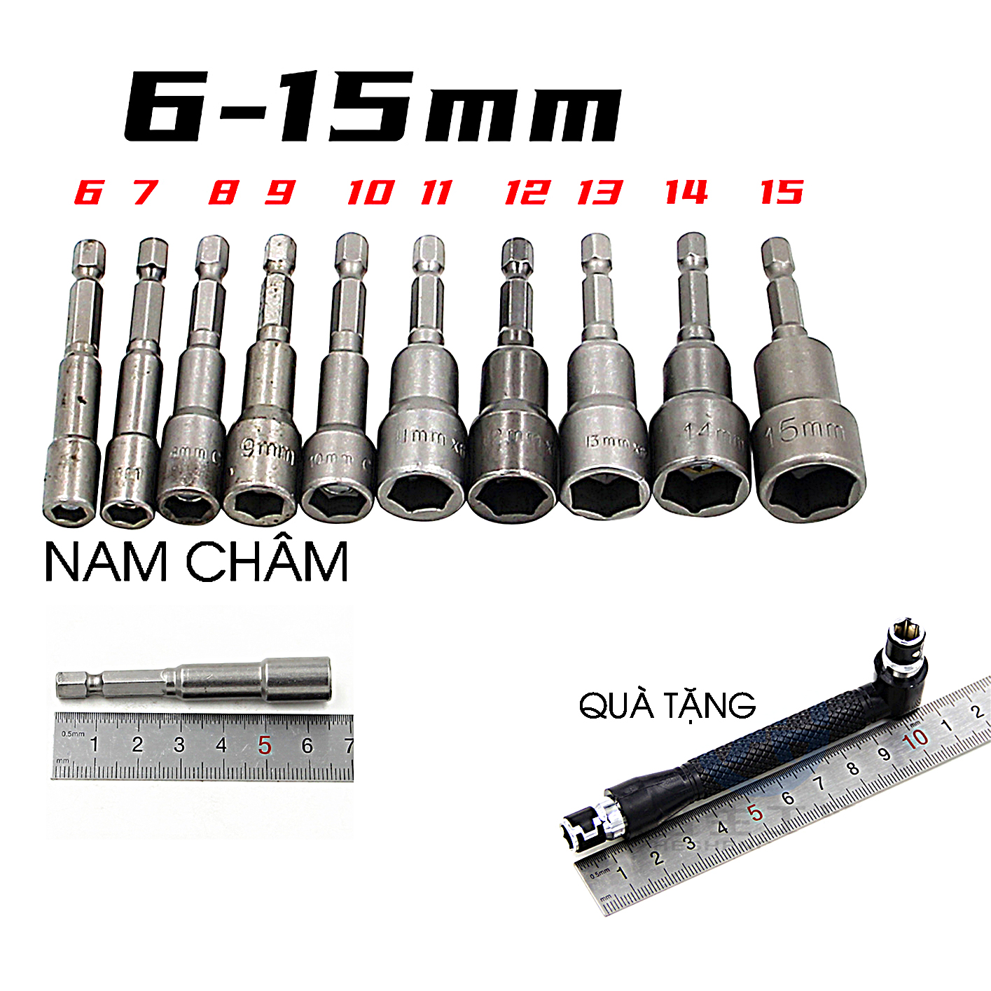 Bộ 10 cây vặn ốc size từ 6 đến 15 cm - đầu khẩu 1/4 - thép công nghiệp - đầu hút nam châm bền đẹp có clip quạy. , tặng tay cầm