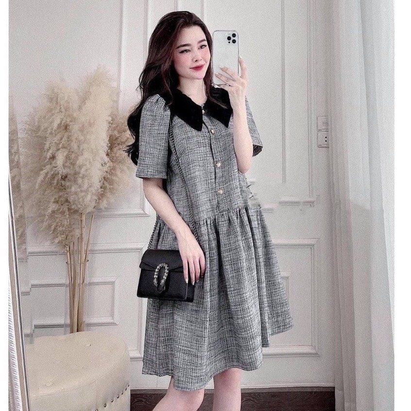Đầm bầu chất dạ ghi cổ sen hàng thiết kế cao cấp