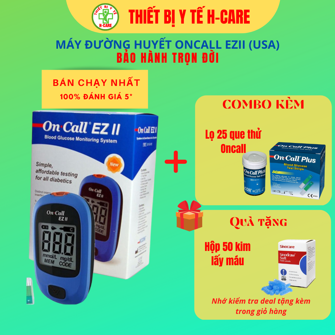 Máy thử đường huyết OnCall EZII ,  đo tiểu đường trong máu nhanh chính xác, tin cậy, an toàn giá rẻ - Hàng chính hãng Acon USA - Tặng kèm 25 que thử tiểu đường On call [TBYT H-Care]