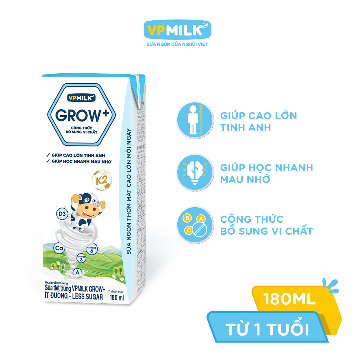 [6 Packs 180ml] Vpmilk Grow+ Low Sugar Pasteurized Milk for Babies from 1 Year Old - 2