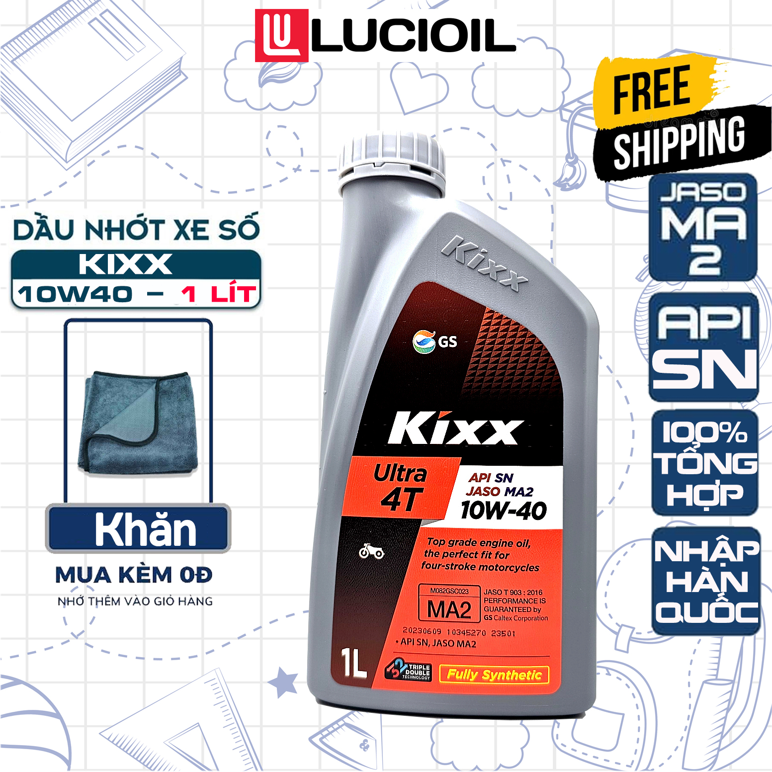Nhớt Kixx Ultra 10W40 1L (Mẫu Mới), 100% Tổng Hợp, Nhập Khẩu Hàn Quốc, Nhớt Xe số, Xe Côn Tay Cao Cấp