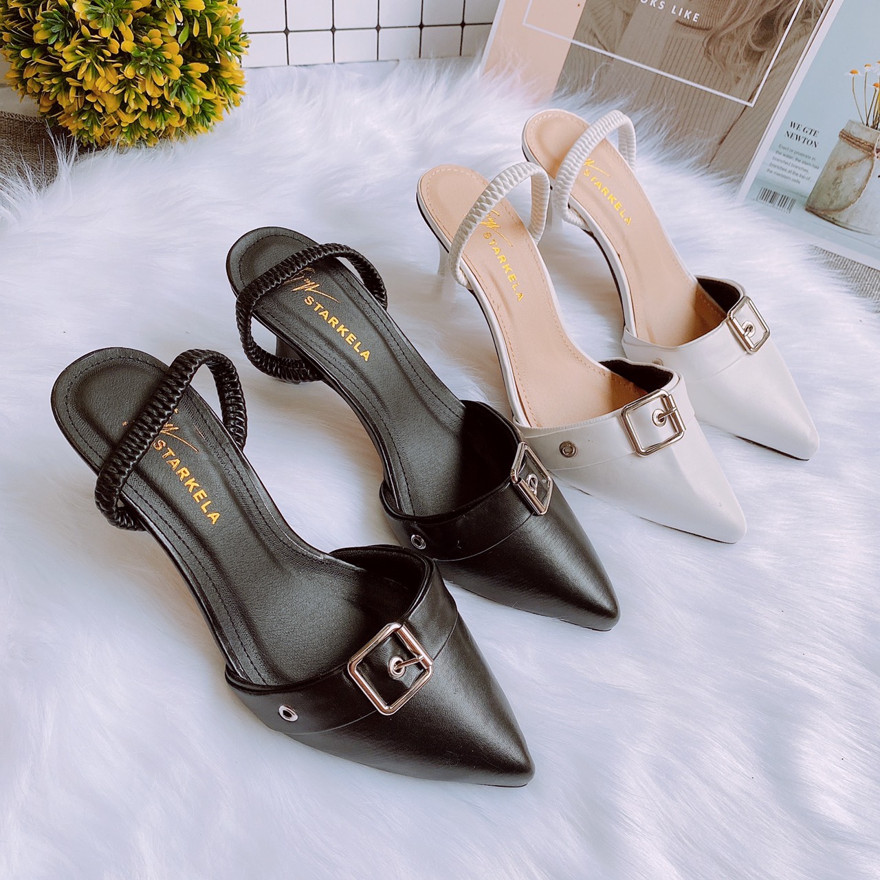 Giày sandal nữ mũi nhọn da lì tag khóa cài quai hậu chun sau gót nhọn 7cm-691