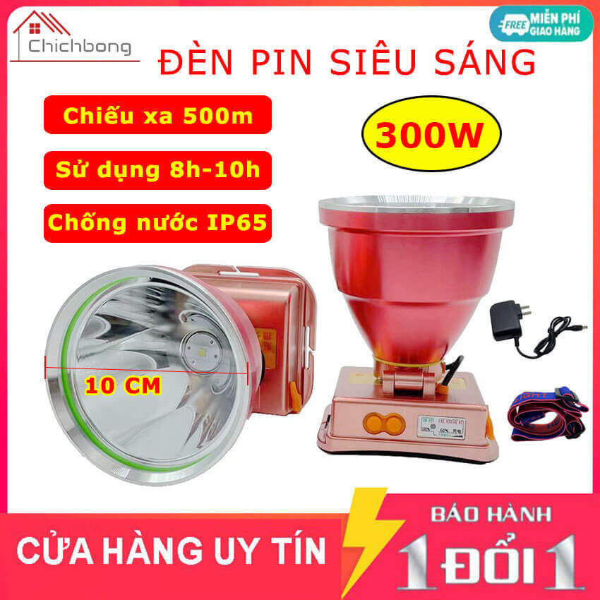 Đèn pin đội đầu 1 bóng 300W siêu sáng chiếu xa 500m, pin trâu 8-10h, chống nước IPX6, đèn pin siêu sáng đeo đầu 3 chế độ, đèn led đội đầu chichbong