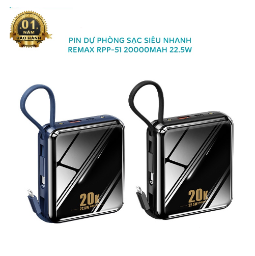 Pin sạc dự phòng 20.000mAh Remax RPP-51, kèm cáp sạc sạc siêu nhanh tích hợp type C và lightning, Pin sạc dự phòng mini đa năng. bảo hành 12 tháng . lỗi 1 đổi 1.