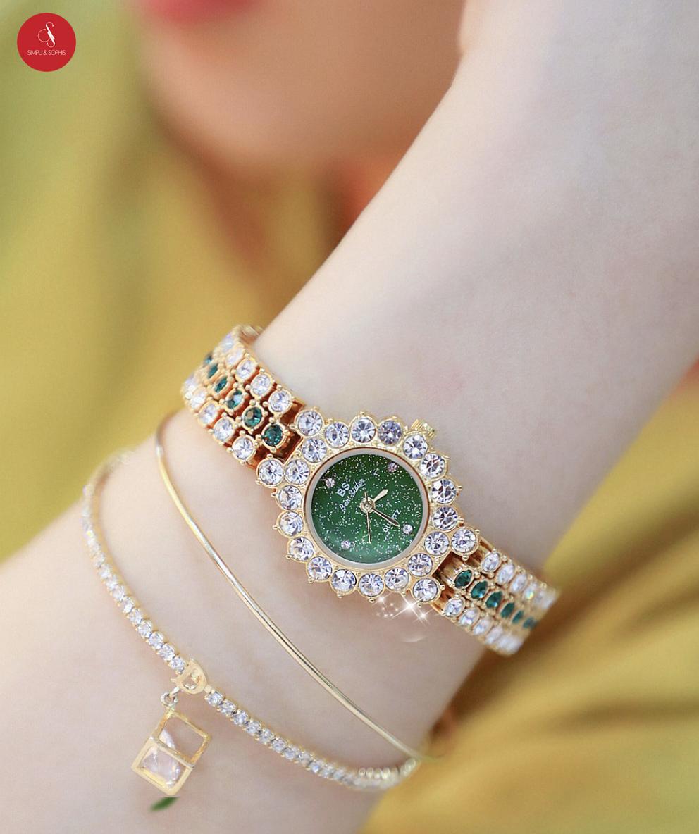 [HCM]Đồng hồ nữ Bee Sister 1580 đính đá cao cấp 28mm (Xanh/ Vàng hồng/ Bạc) + Tặng hộp đựng đồng hồ thời trang & Pin