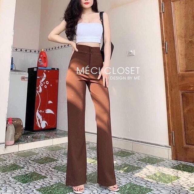Quần ống xuông cạp cao 2 cúc dáng dài 1m hot hit - quần suông cạp cao loe ống 2 cúc