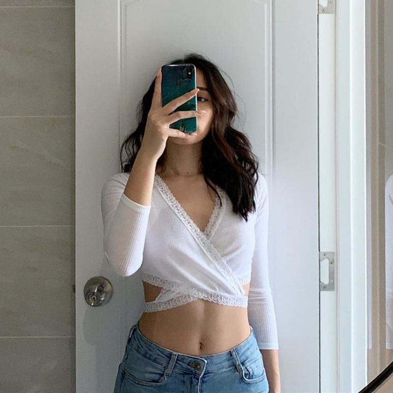 Áo croptop dây ren vạt chéo tay dài thun gân - RCH1