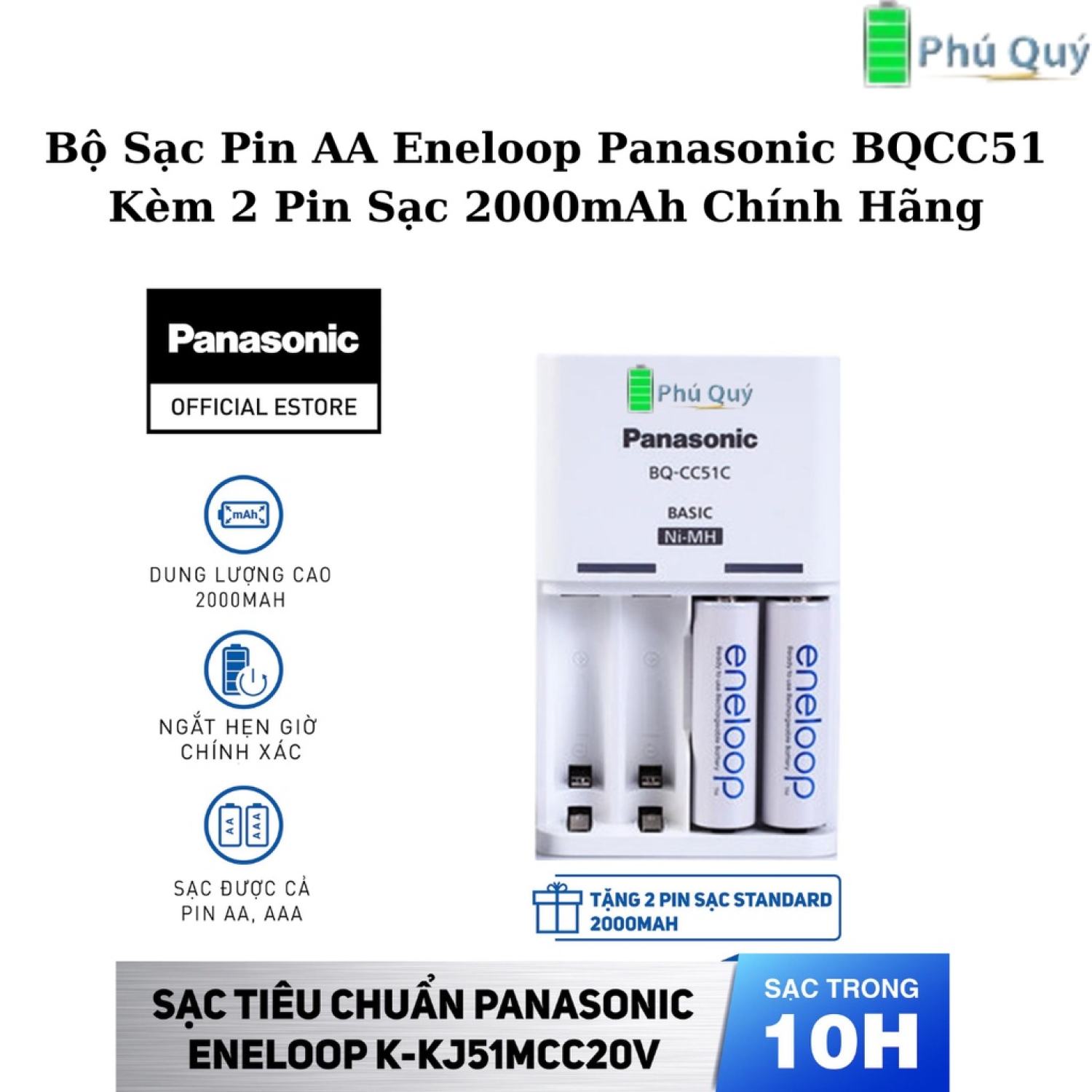 Bộ sạc pin aa eneloop panasonic bqcc51 kèm 2 pin sạc 2000mah chính hãng