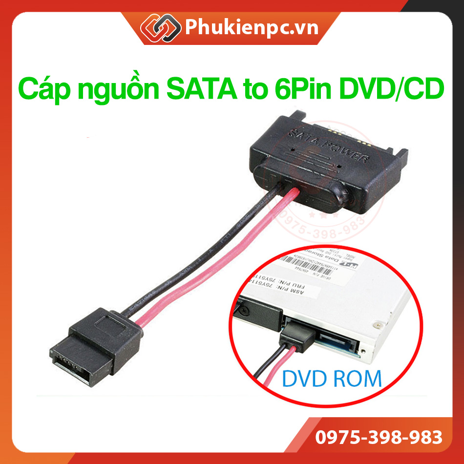 Dây cáp nguồn sata sang 6pin ổ đĩa quang cd, dvd sata. dùng lắp đặt ổ đĩa dvd cd-rom laptop, cho máy tính pc, máy tính công nghiệp