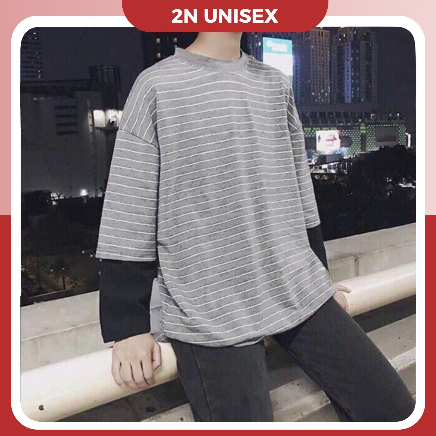 Áo thun tay dài nam nữ form rộng 2N Unisex phông cotton sọc phối tay màu đen/trắng/xám