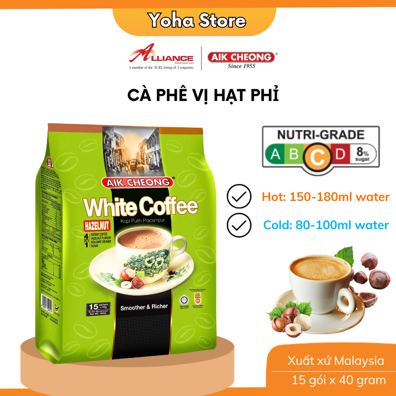(Chính hãng) Cà Phê Trắng Hạt Phỉ 4 Trong 1 Aik Cheong (15 Gói x 40g)- nhập khẩu từ Malaysia