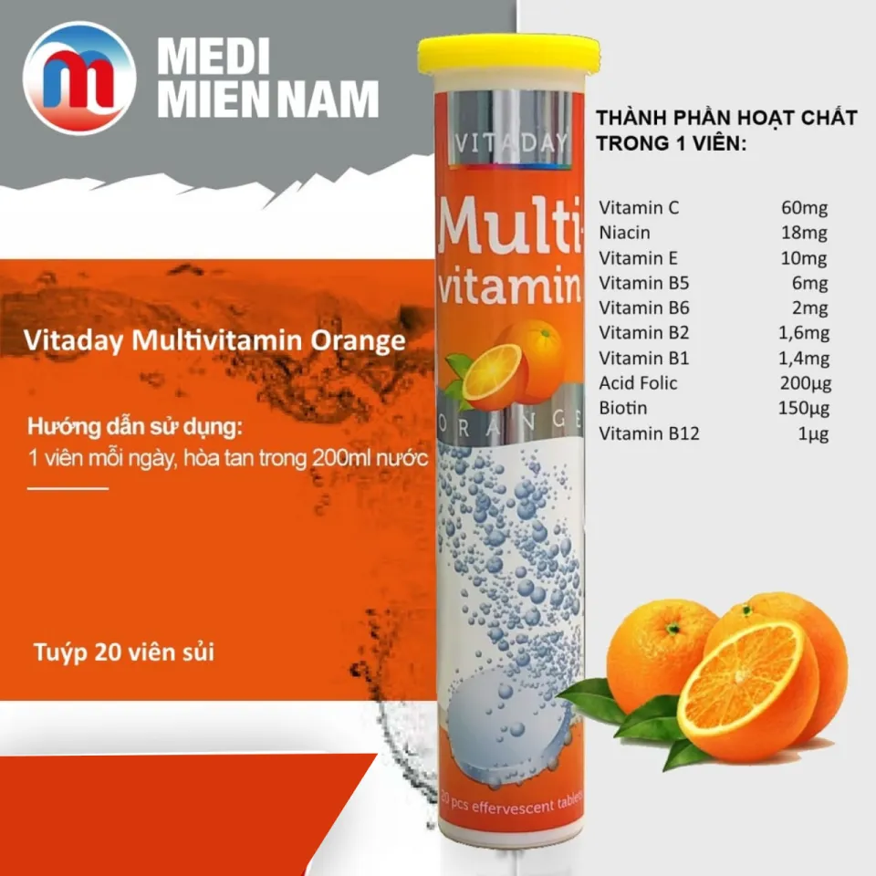  Viên sủi multivitamin Vitaday Multi Orange - Tuýp 20 viên - Tăng cường sức đề kháng - Nhập khẩu từ Phần Lan 