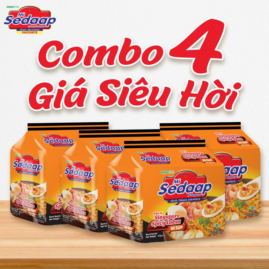Combo 4 lốc 20 gói mì nước ăn liền sedaap vị sốt cay laksa singapore 83g