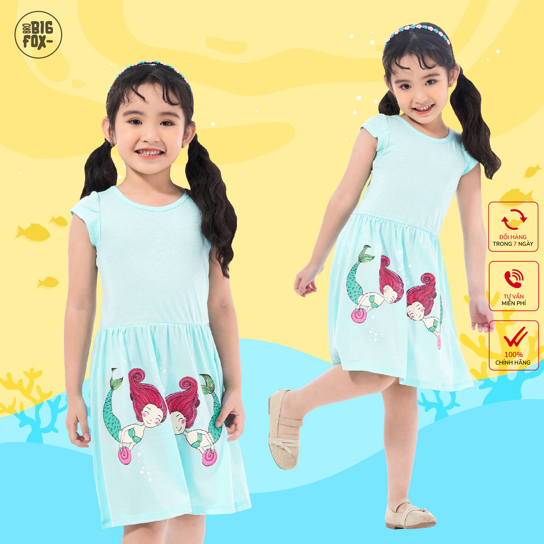 Đầm Cho Bé Gái Tới Size Đại . Váy Cotton Thun Hè Trẻ Em In Nàng Tiên Cá 3-11