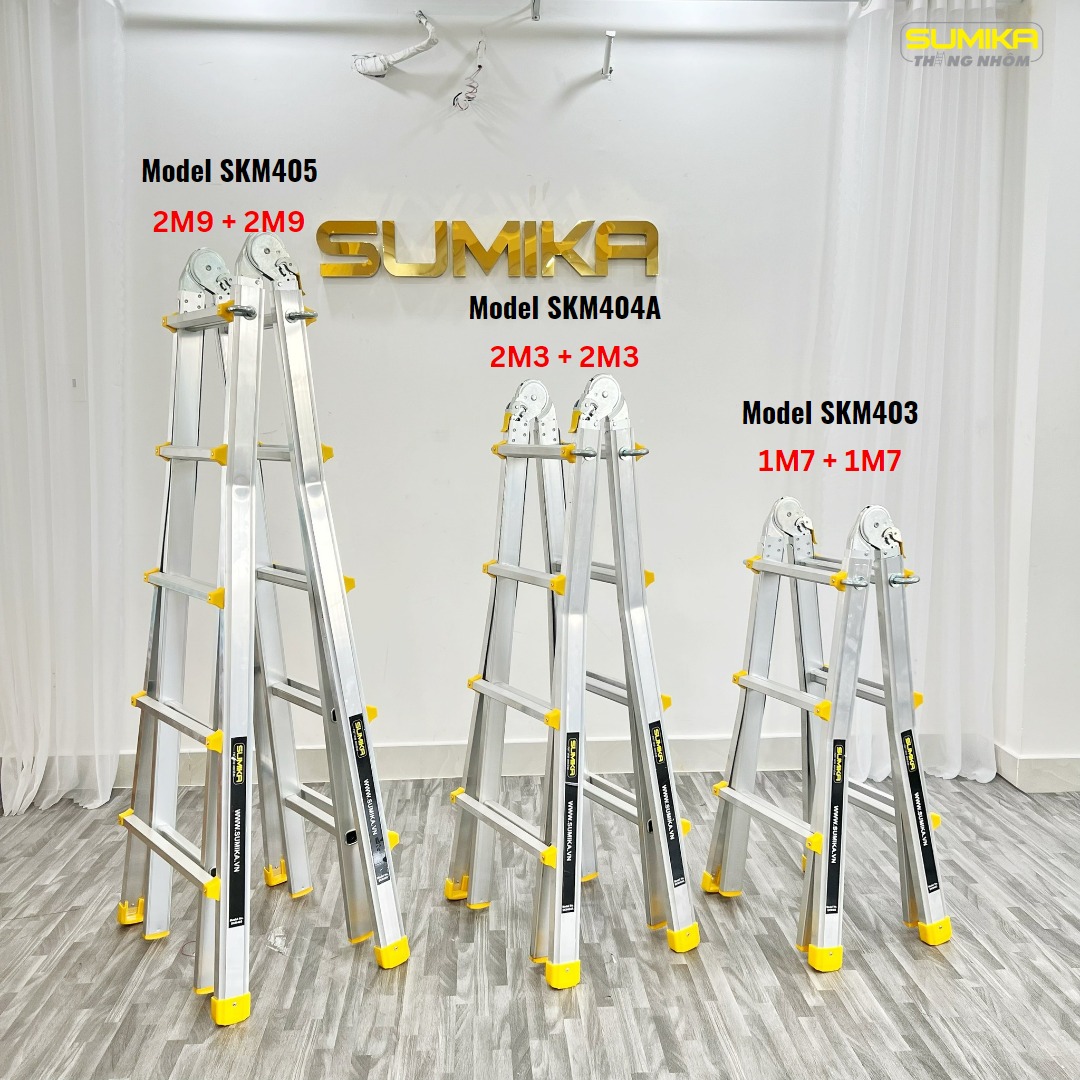 Thang nhôm gấp trượt chữ A mở rộng SUMIKA NEW 2023 SKM403A (chữ A: 1.6M - chữ I: 3.2M), SKM404A (chữ A: 2.3M - chữ I: 4.6M), SKM405A(chữ A: 2.9M - chữ I: 5.8M) tải trọng 150kg, bảo hành 2 năm