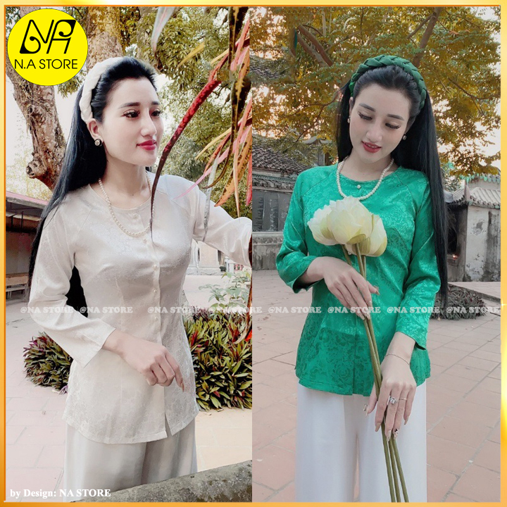 Bộ bà ba lụa gấm + quần trắng đi lễ chùa - đồ lam nữ đi chùa al010