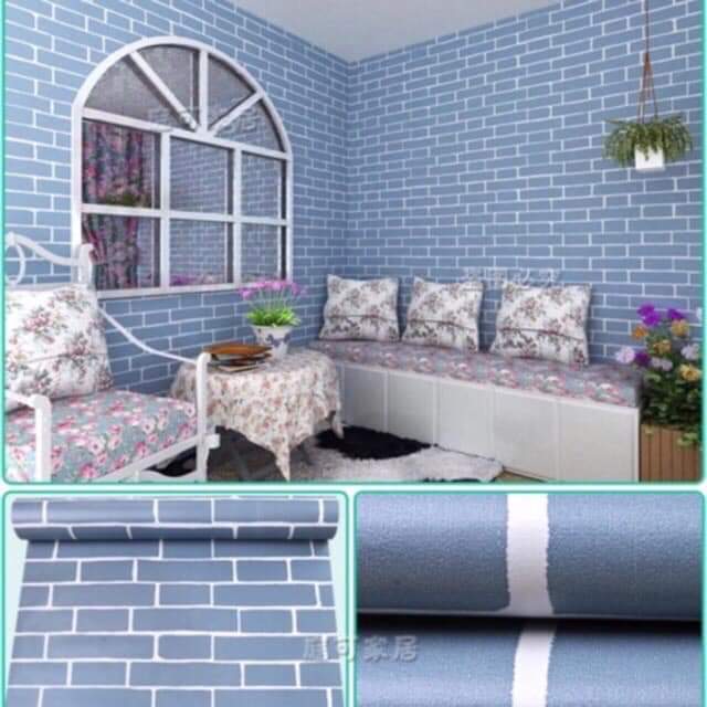 10m giấy dán tường giả gạch màu xanh ( khổ rộng 10m, có keo sẵn)