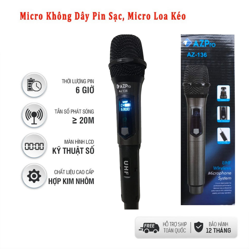 Micro Karaoke AZ Pro AZ136  Pin Sạc Cao Cấp, Micro Loa Kéo - Dàn Âm Thanh Amply, Sóng Khỏe, Micro Nhạy, Hát Hay, Chống Hú Hiệu Quả, Micro Được Làm Bằng Chất Liệu Kim Loại, Bảo Hành 12 Tháng.