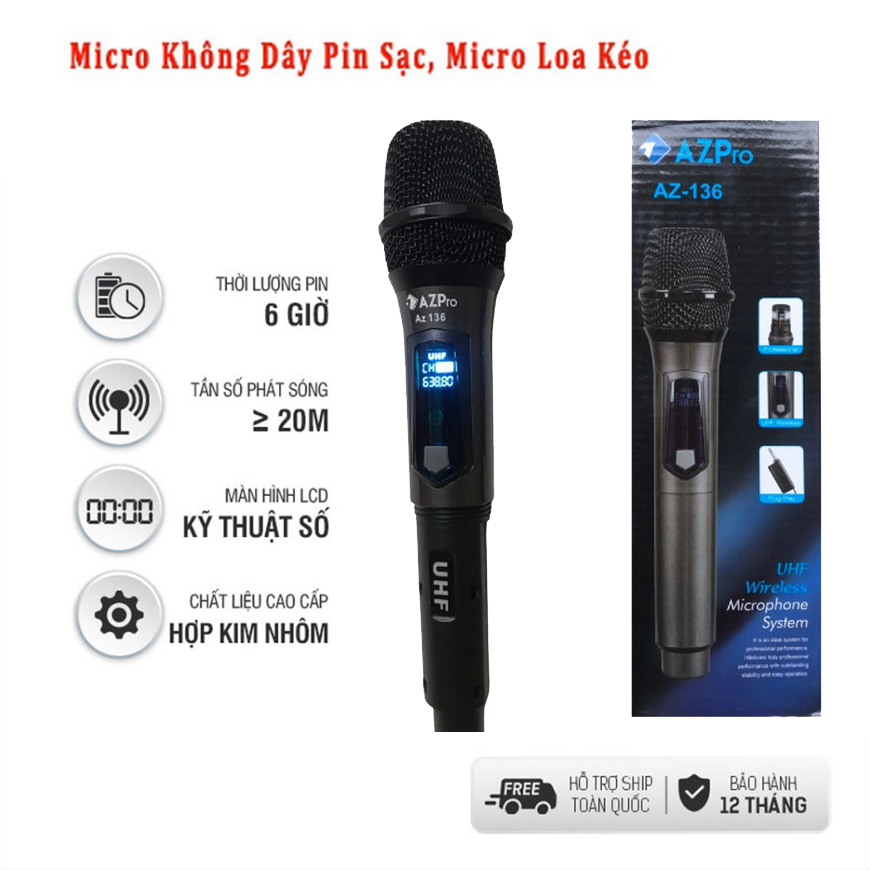 Micro karaoke az pro az136 pin sạc cao cấp, micro loa kéo - dàn âm thanh amply, sóng khỏe, micro nhạy, hát hay, chống hú hiệu quả, micro được làm bằng chất liệu kim loại, bảo hành 12 tháng.