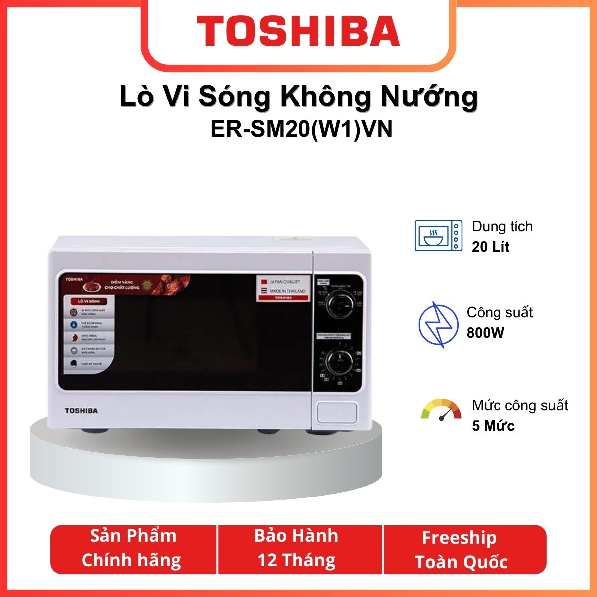 Lò vi sóng Toshiba ER-SM20(W1)VN, Lò vi sóng không nướng, Dung tích: 20 lít, 800 W, Hẹn giờ nấu, Khoang lò có đèn, Hàng chính hãng - Giao Hỏa Tốc 2H