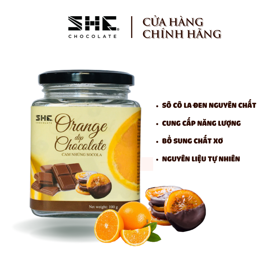 Cam nhúng Socola - vị Cam và Socola - SHE Chocolate - Trái cây nhúng - 100g - Hương vị giữa Cam và socola hòa quyện vào nhau tạo nên hương vị ngon tuyệt vời. Thích hợp ăn vặt hoặc làm quà tặng đặc biệt