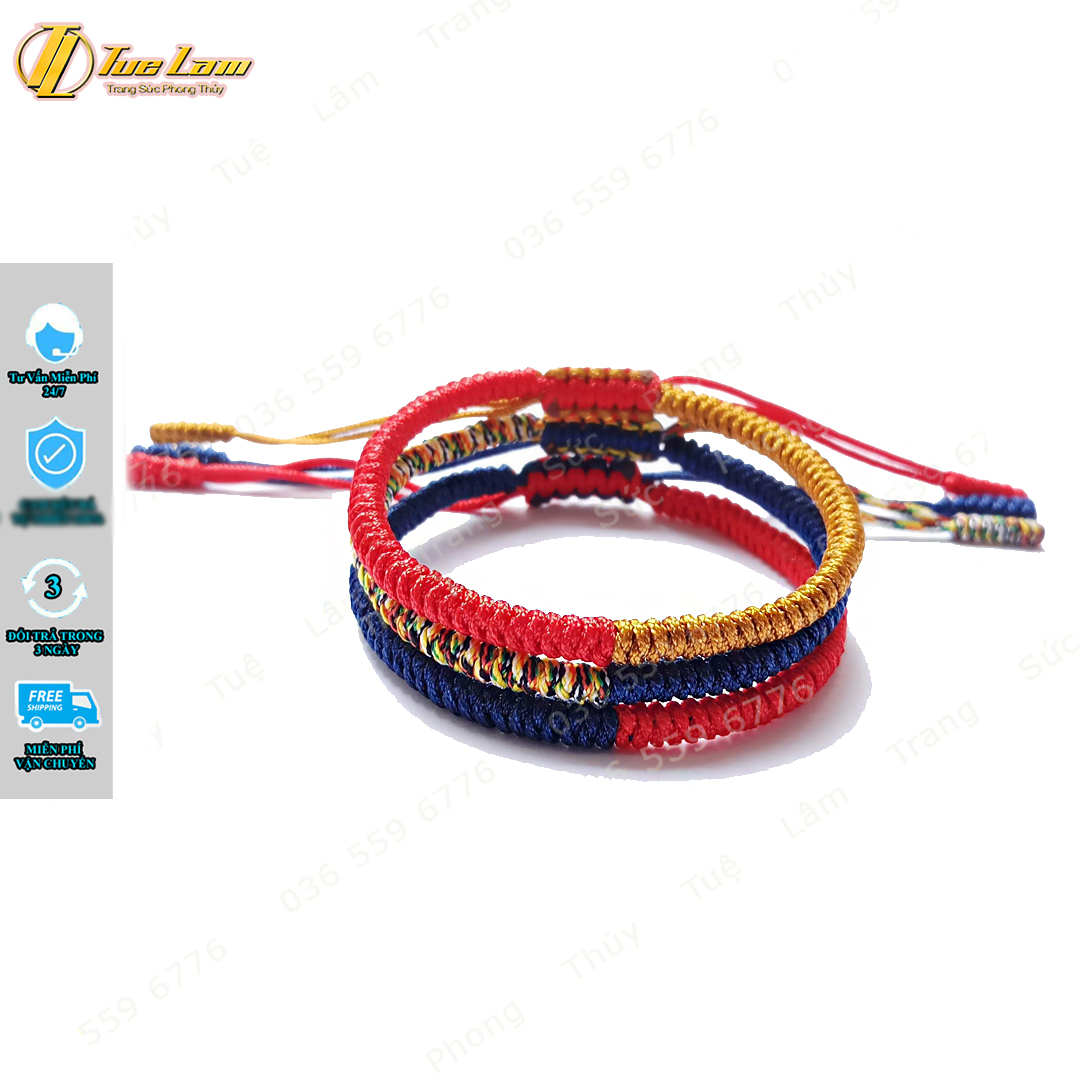 Set 3 vòng tay chỉ bện handmade kiểu tây tạng màu đỏ xanh vàng ngũ sắc may mắn - tuệ lâm