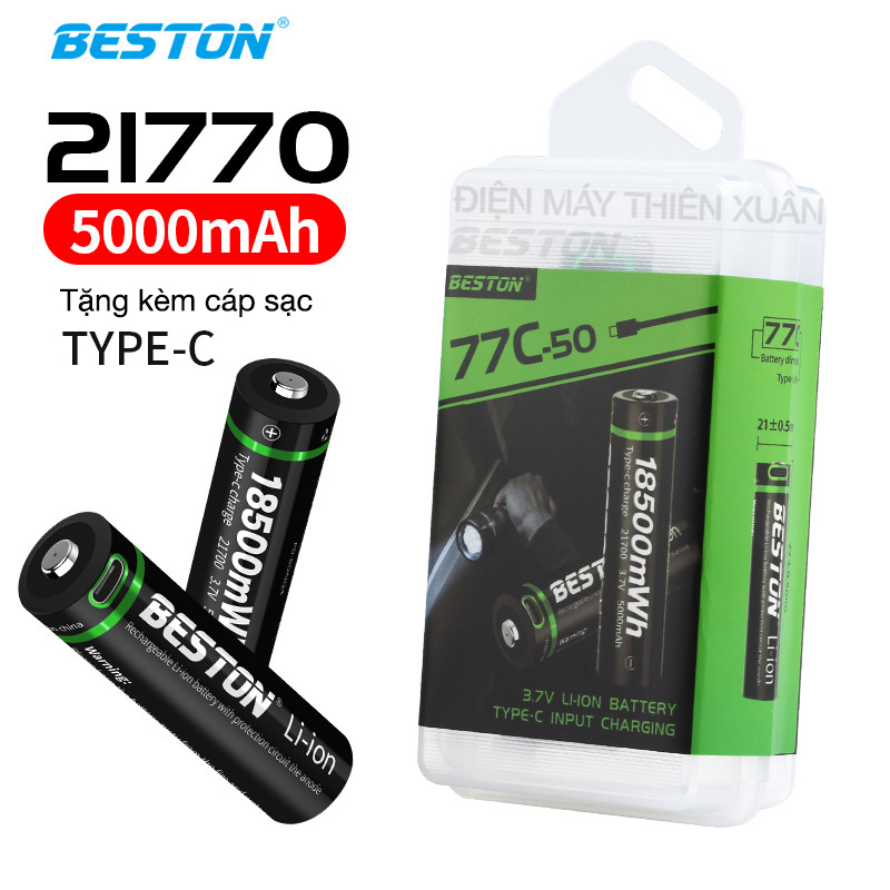 Pin sac 21770 beston li-ion 18500mwh usb type-c cho đèn pin led công suất cao, dòng xả lớn, pin dự phòng, xe điện, pin 21770