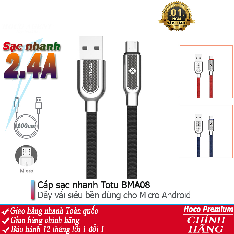 Cáp sạc nhanh Totu BMA08 đầu Micro dòng 2.4A dài 1M - Chính Hãng