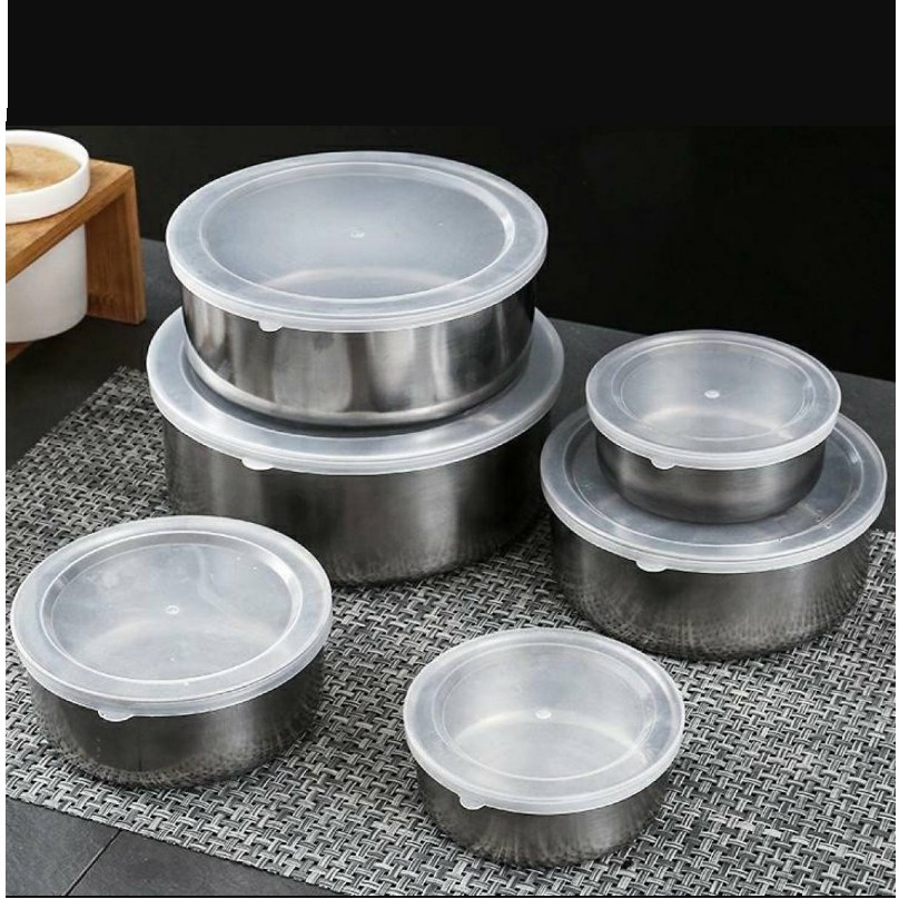 Bộ 5 bát inox, bộ 5 bát inox có nắp bằng nhựa dẻo dùng để đựng thực phẩm đồ ăn mang cơm đến văn phòng, cất tủ lạnh, có thể dùng cho lò vi sóng