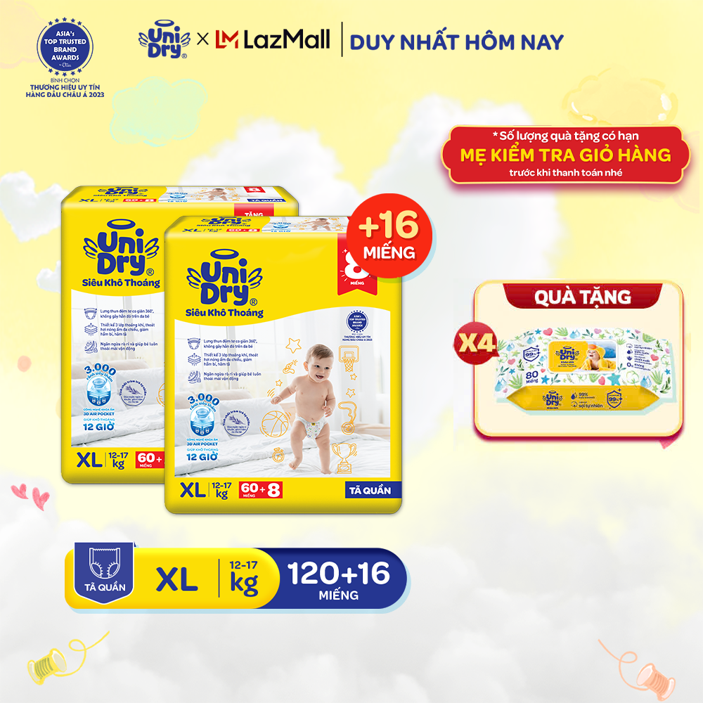  Combo 2 Tã quần UniDry Siêu khô thoáng gói  Super Jumbo mới size M76 L68 XL60 XXL54+ 8 miếng 