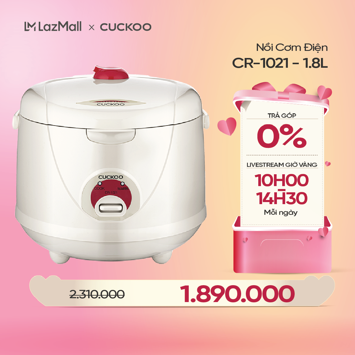 Nồi cơm điện Cuckoo 1.8 lít CR-1021 màu trắng - bản quốc tế tiếng Anh - Hàng chính hãng Cuckoo Việt Nam