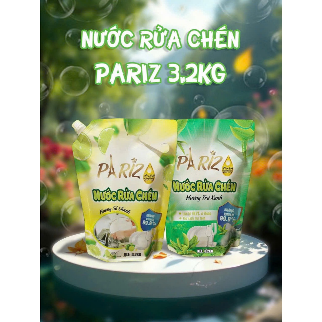 Nước Rửa Chén Pariz 3.2KG | Túi Lớn Đậm Đặc Sạch Dầu Mỡ | Khử Mùi Tanh Diệt Khuẩn 99.9 Dịu Nhẹ Da Tay