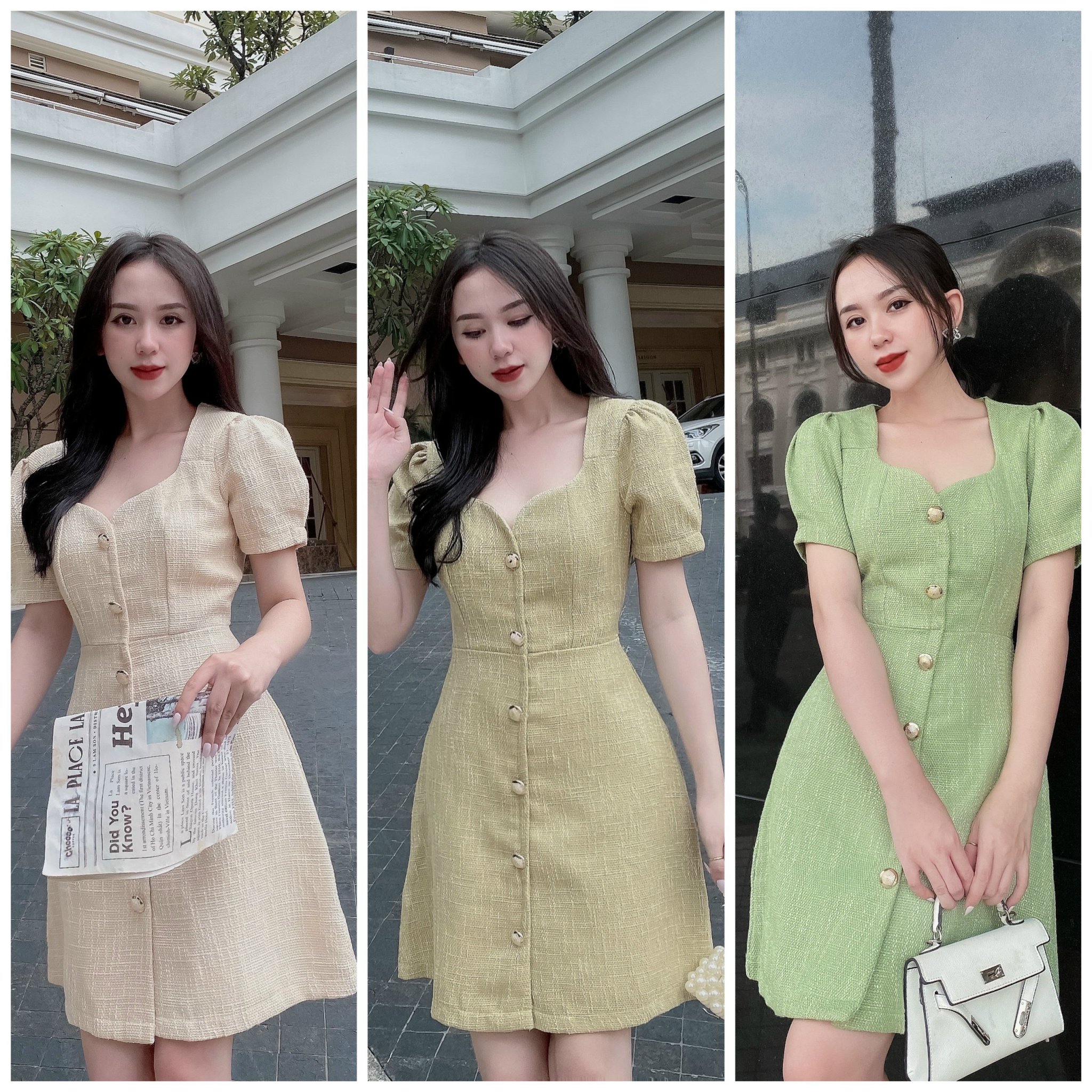 Đầm bố nút vàng DB19 siêu sanh chảnh