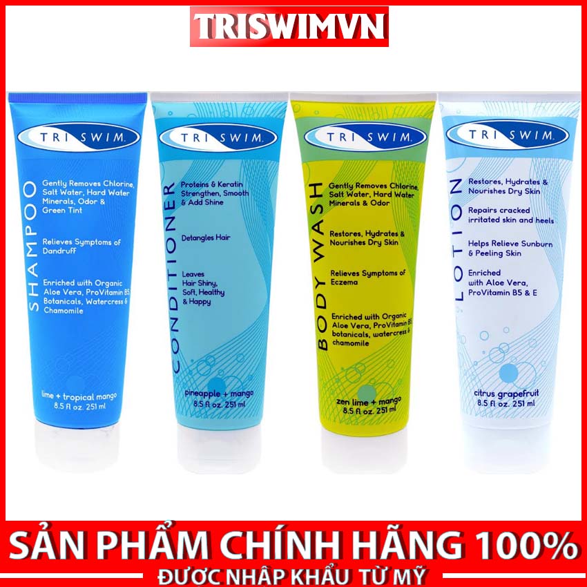 Combo Dầu Gội,Dầu Xã, Sữa Tắm, Dưỡng Da TRISWIM 251ml Loại Bỏ Clo, Mùi Clo Và Nước Muối