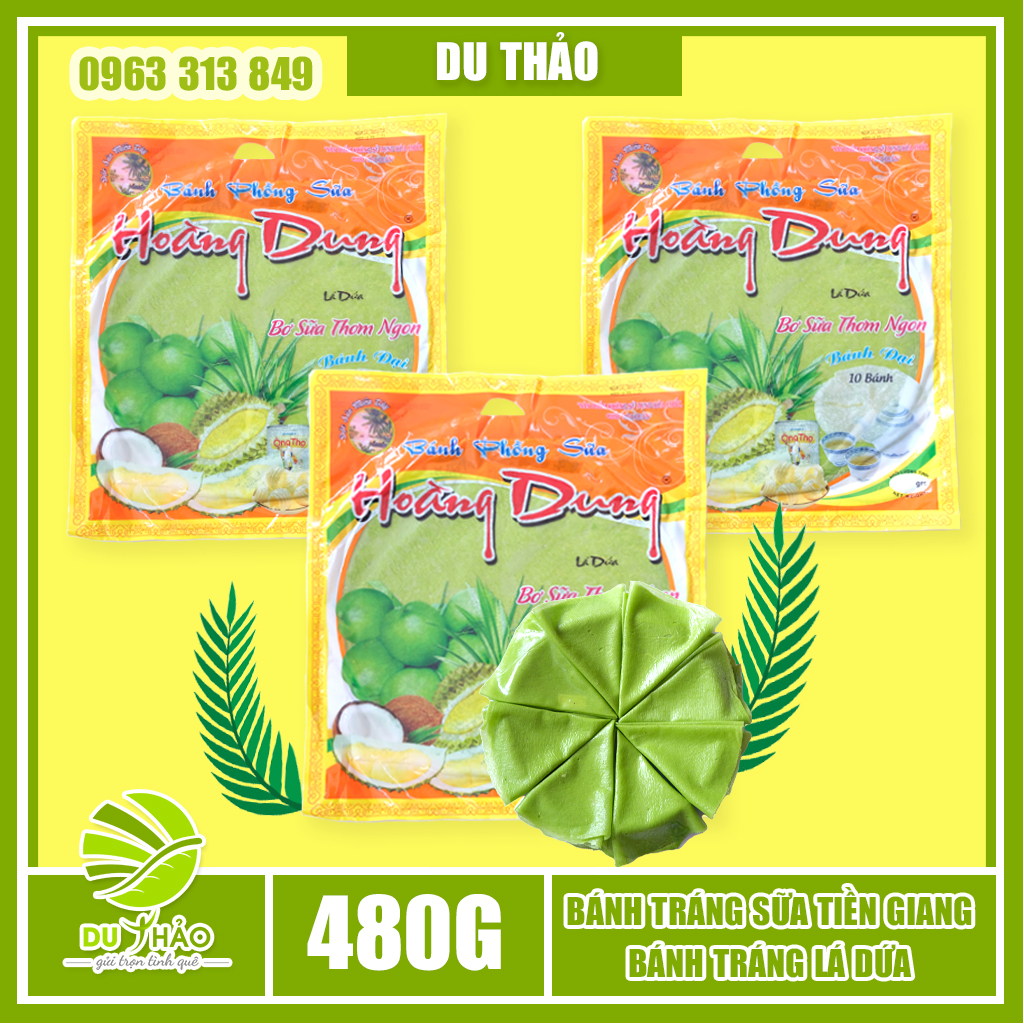 Bánh tráng sữa lá dứa không sầu riêng Tiền Giang 10 bánh 400g, Bánh phồng sữa lá dứa Hoàng Dung Thuý Lan