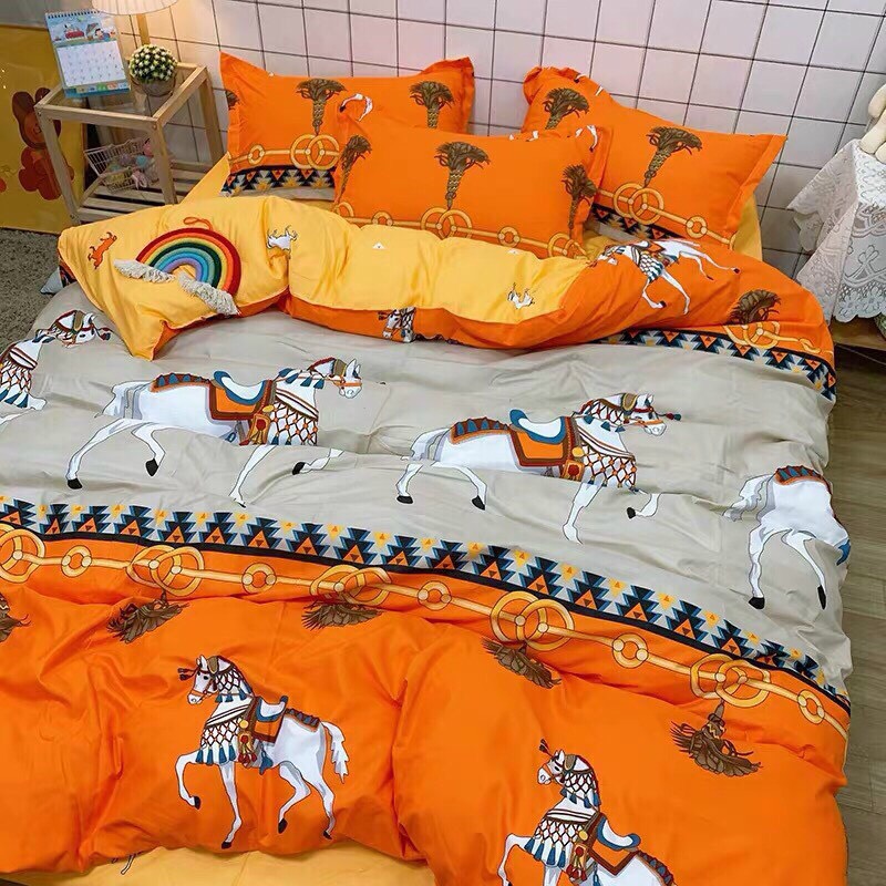 Bộ chăn ga gối cotton poly - ngựa cam tiệm nhà cá