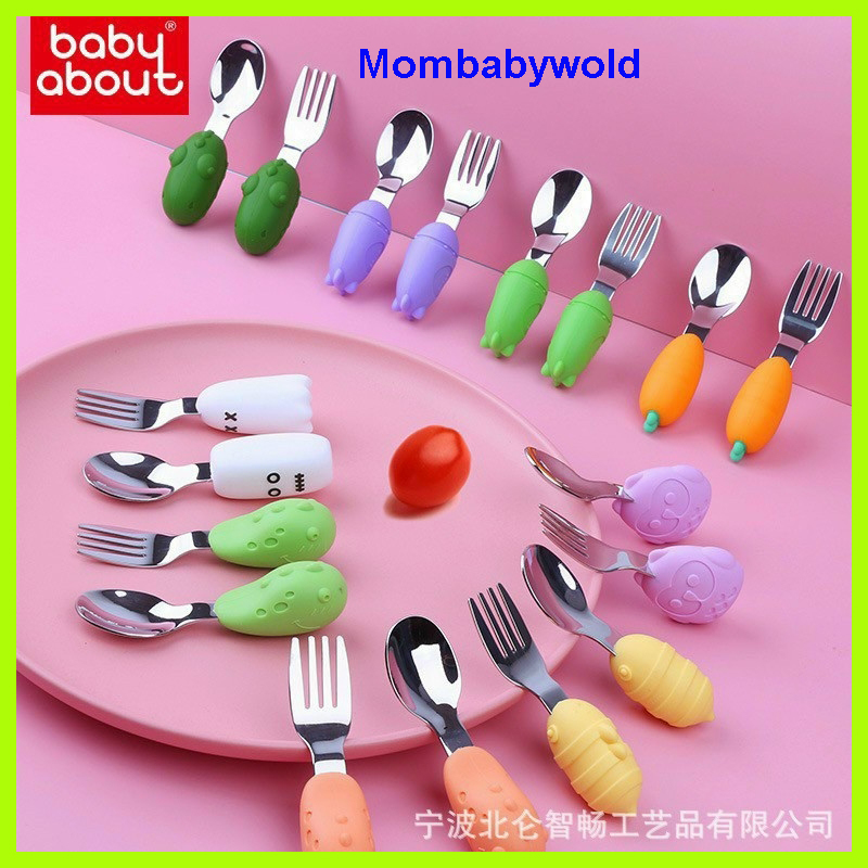 Set thìa dĩa tập xúc cán ngắn BABY ABOUT, muống nĩa cán ngắn silicone an toàn cho bé, Thìa dĩa cho bé ăn dặm