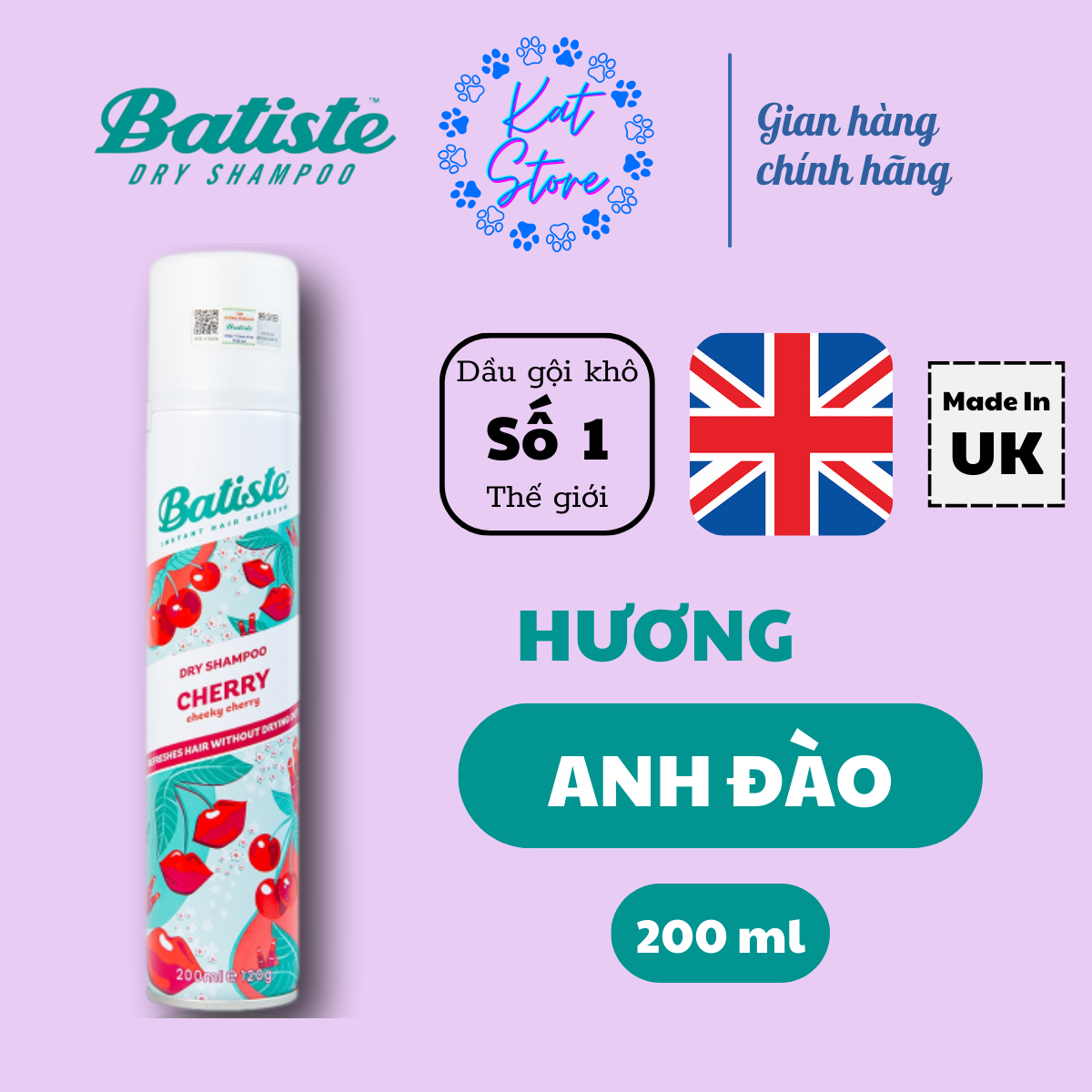 Dầu Gội Khô Batiste Dry Shampoo Fruity Cherry Cherry Hương Anh Đào