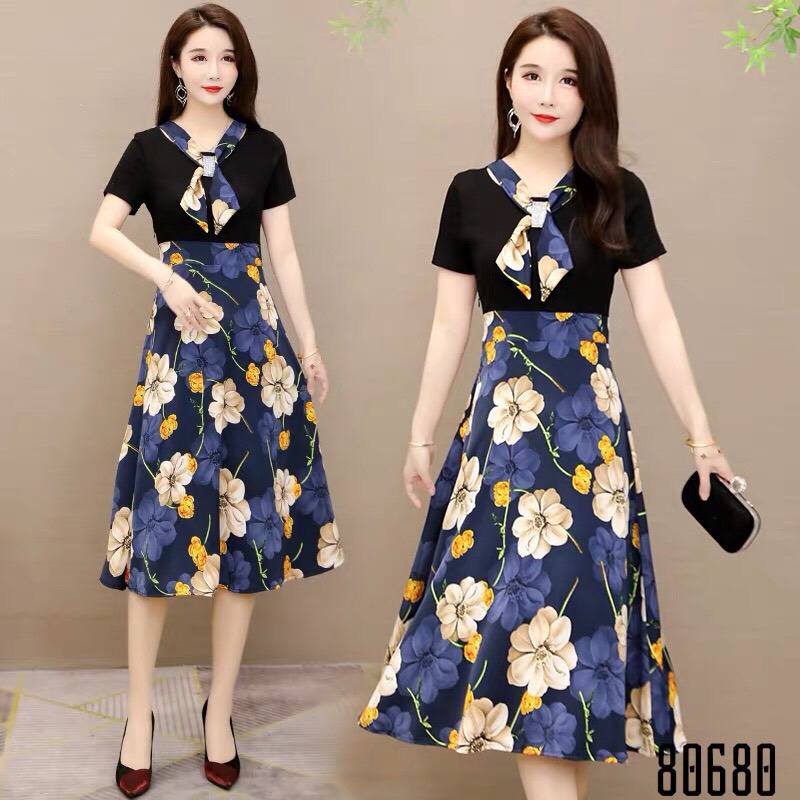 Đầm nữ phong cách vintage cổ sơ mi côt nơ lịch thiệp - quý phái có size lớn 70kg