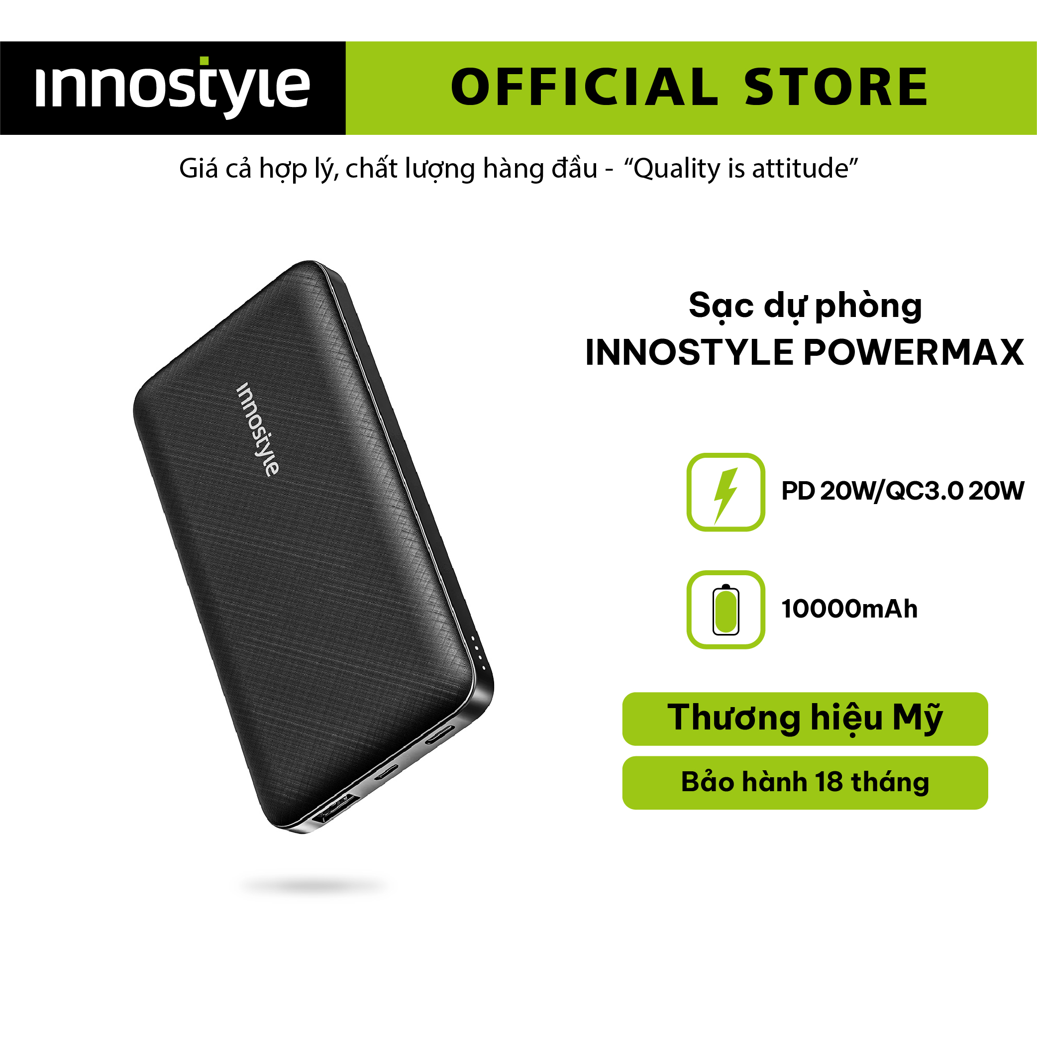 Pin sạc dự phòng innostyle powermax 10000mah 20w - hàng chính hãng