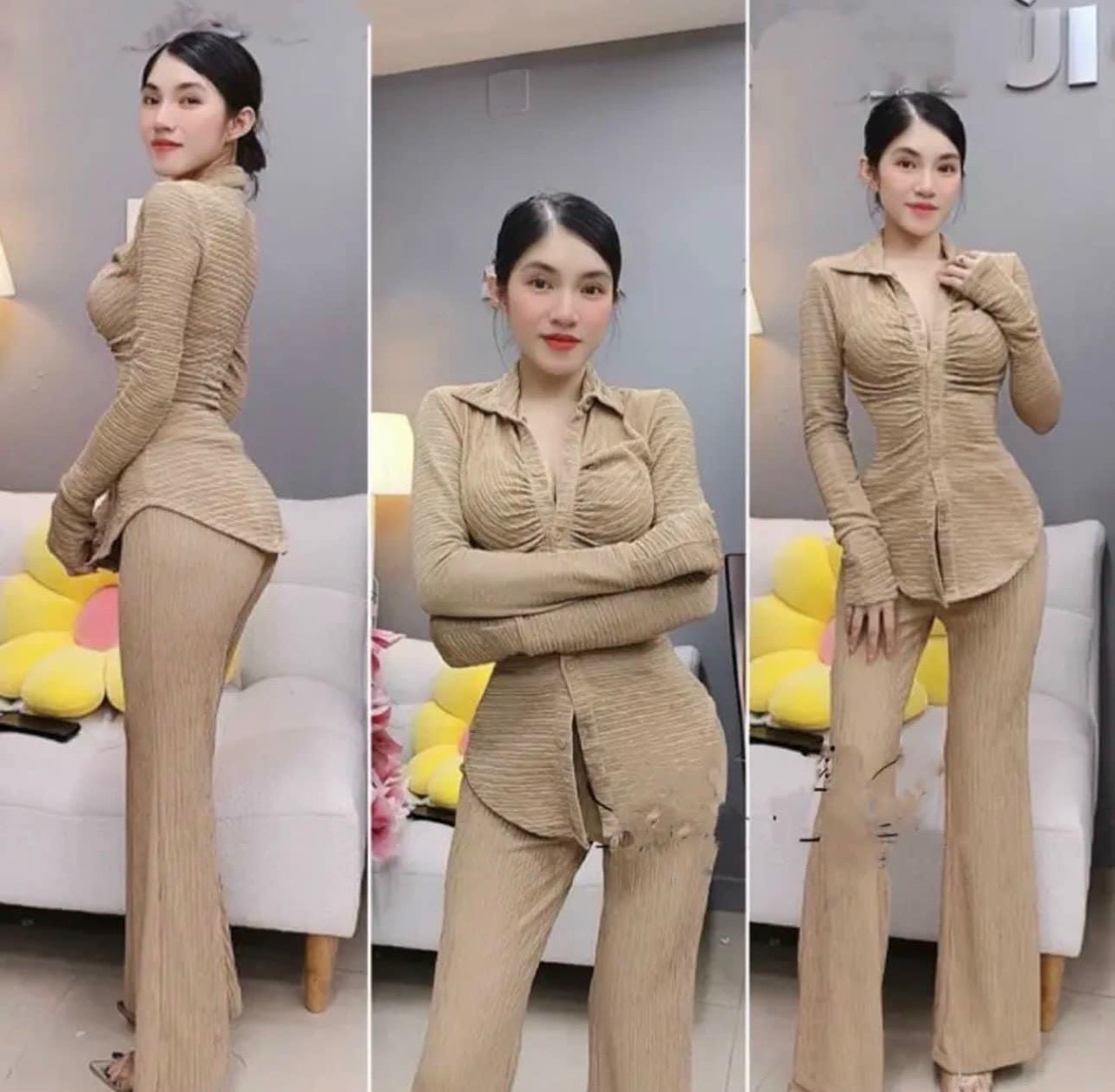 [Video Cận Cảnh] Set bộ  đồ nữ thun Nhật -Set áo sơ mi tay loa nhún ngực quần dài ống loa form khoe dáng cực đẹp TU