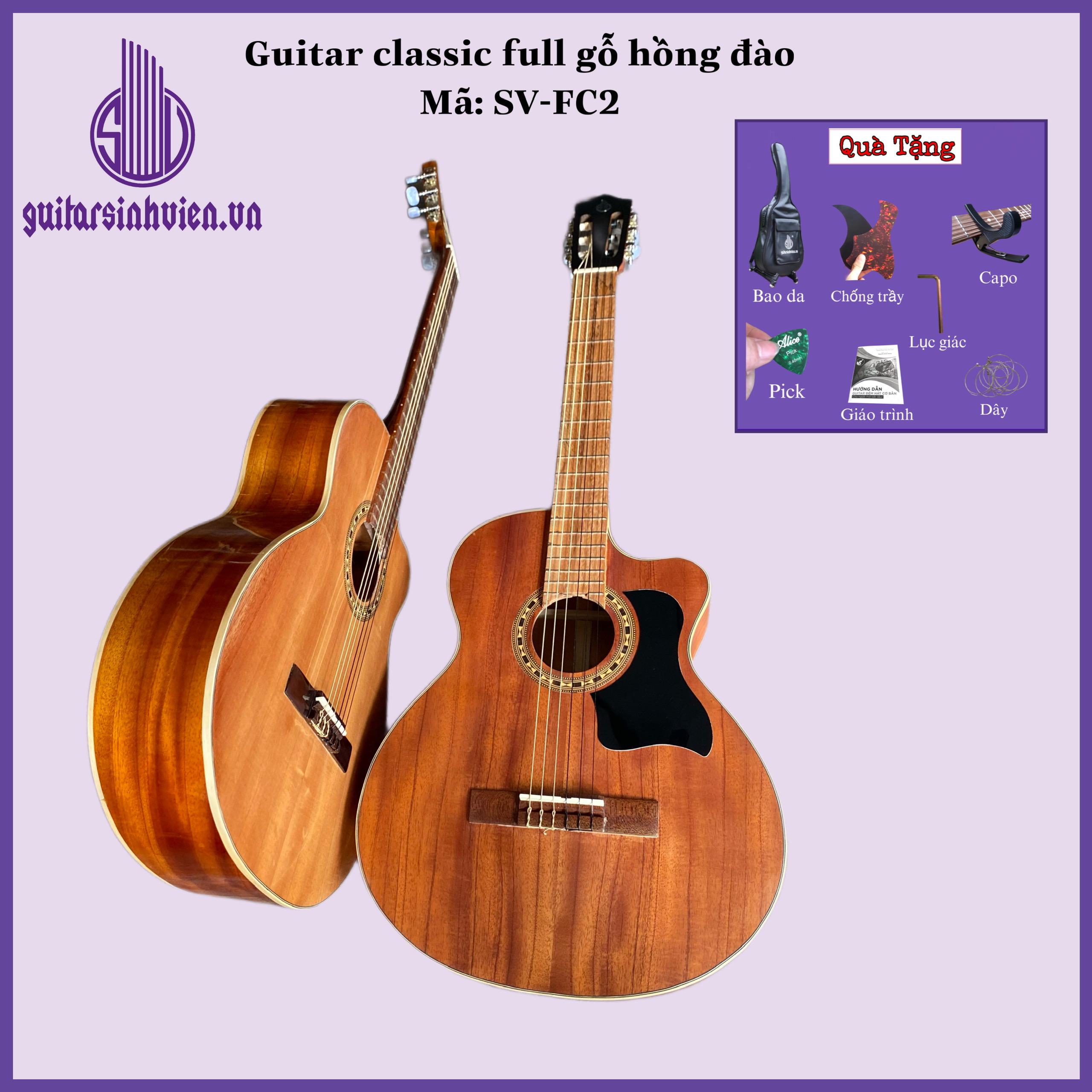Đàn guitar classic full hồng đào dây nilong mã SV-FC2 - Tặng kèm phụ kiện - Bảo hành 1 năm