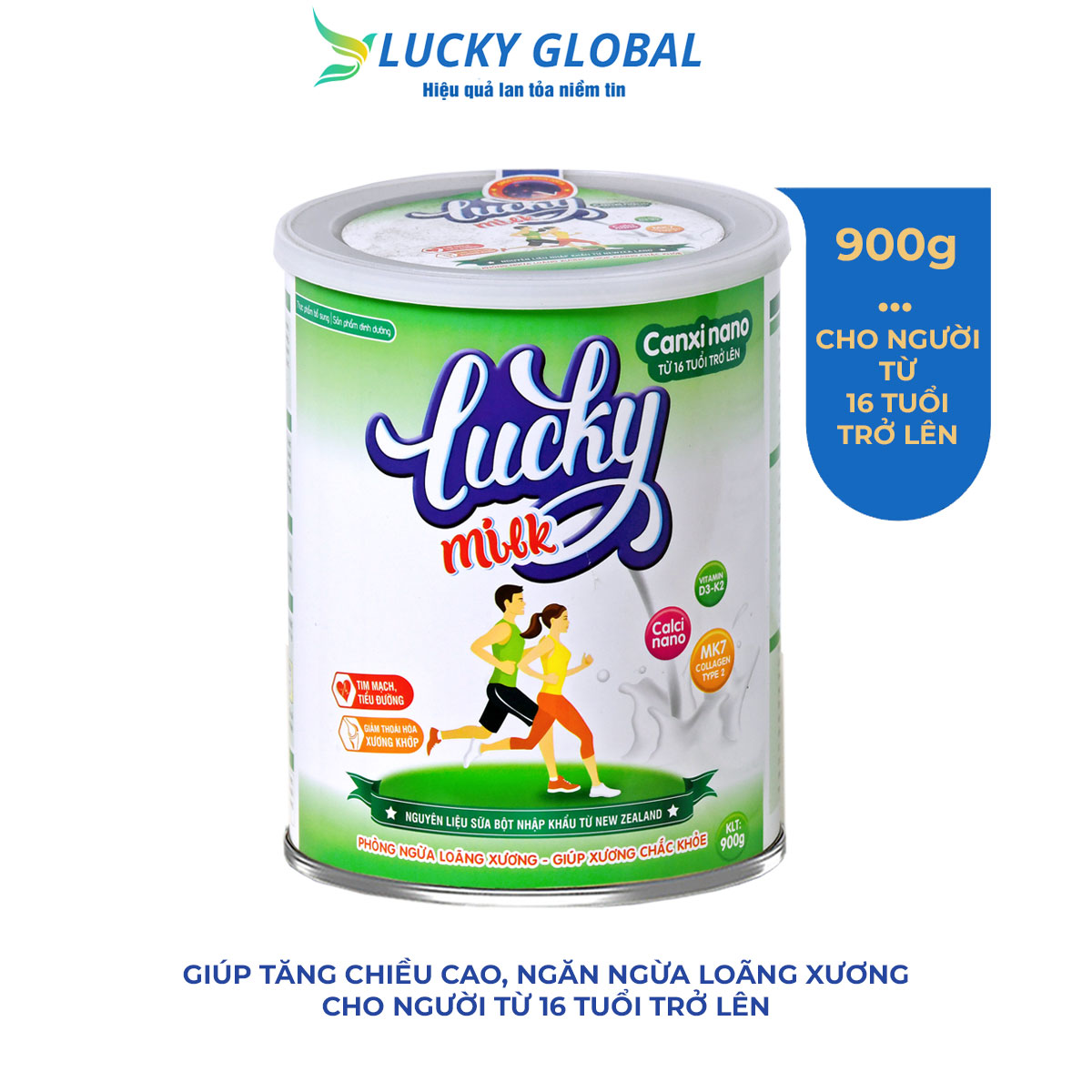 Sữa bột Luckymilk Canxi Nano tăng chiều cao cho người trên 16 tuổi, phòng chống loãng xương cho người già