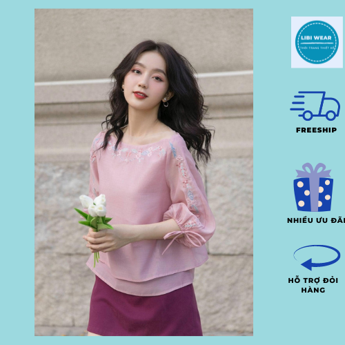 Áo kiểu Babydoll thêu cổ thuyền thêu hoa điệu đà- Áo tiểu thư thêu hoa tay dài phong cách Hàn Quốc