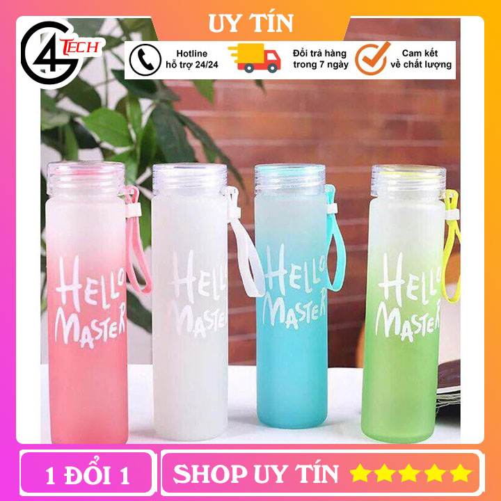 Bình thuỷ tinh đựng nước in chữ hello master màu sắc 420ml - tt01