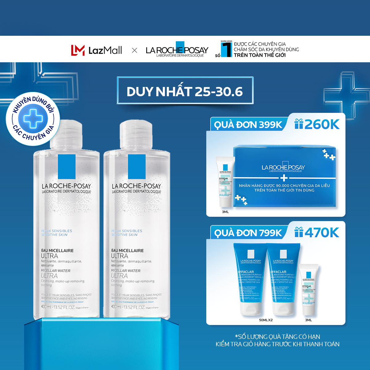 Bộ đôi nước làm sạch sâu và tẩy trang cho da nhạy cảm La Roche-Posay Micellar Water Ultra Sensitive Skin 400ml