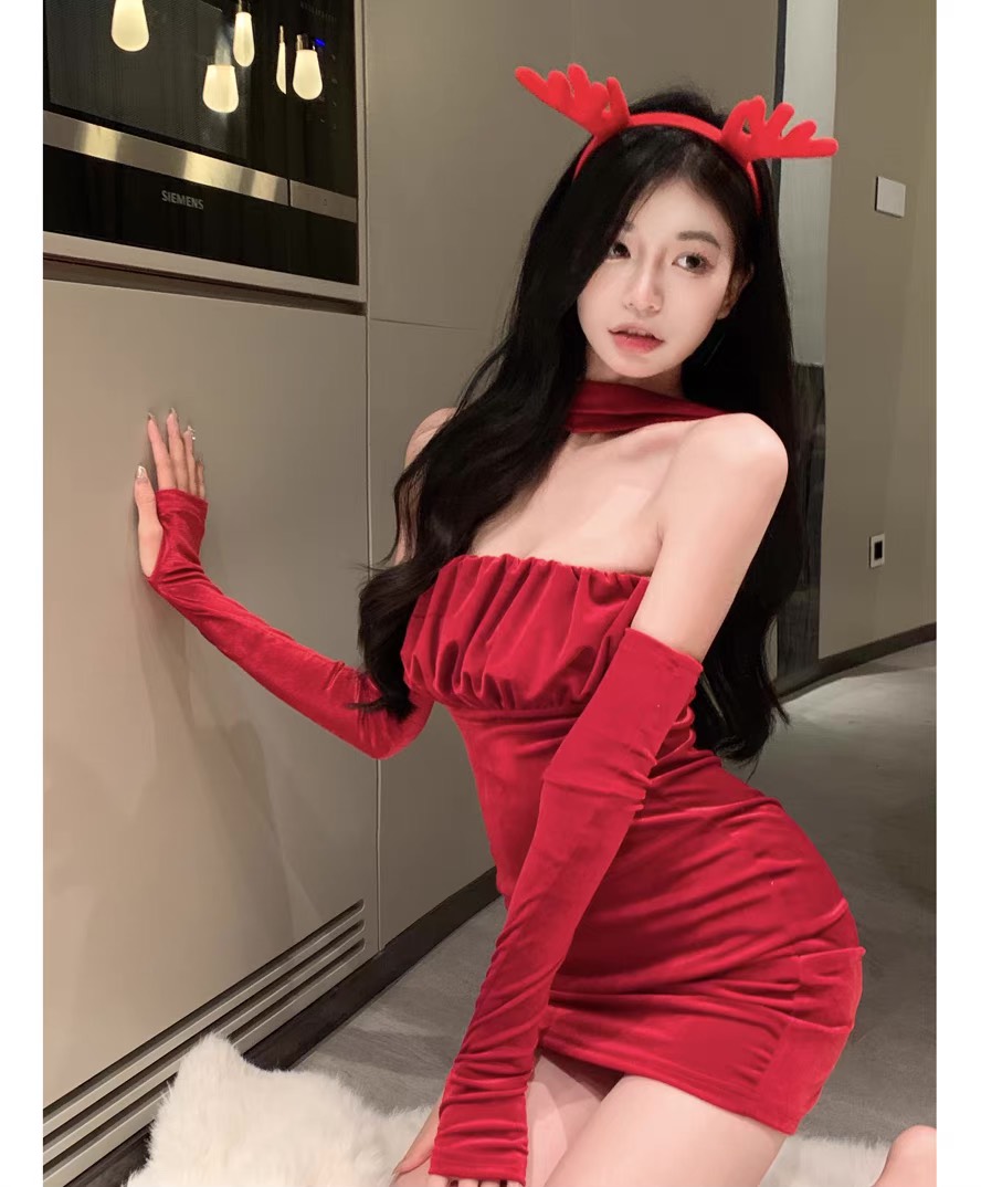 Váy nhung cổ yếm kèm găng tay, đầm nhung noel tết D0212