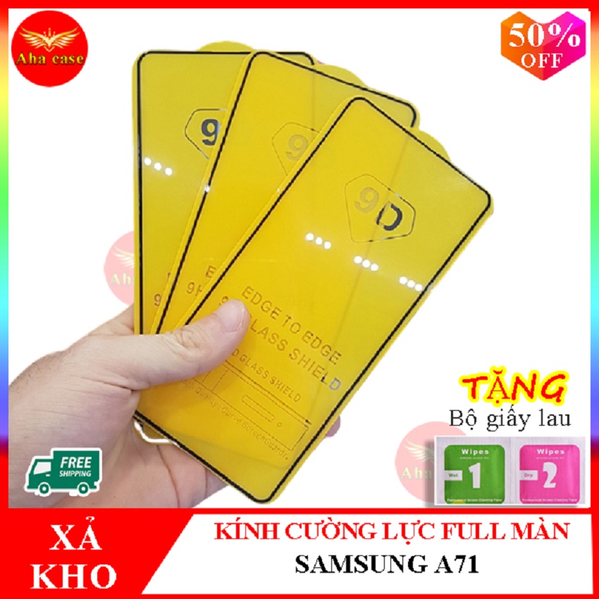 Kính cường lực SAMSUNG A71, Kính cường lực A71 FULL màn hình, Tặng kèm giấy lau ướt và giấy lau khô, Aha Case