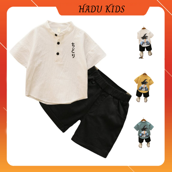 Bộ cộc tay cho bé trai bé gái, đồ bộ bé trai songoku chất đũi cao cấp - hadu kids 7 - 28 kg